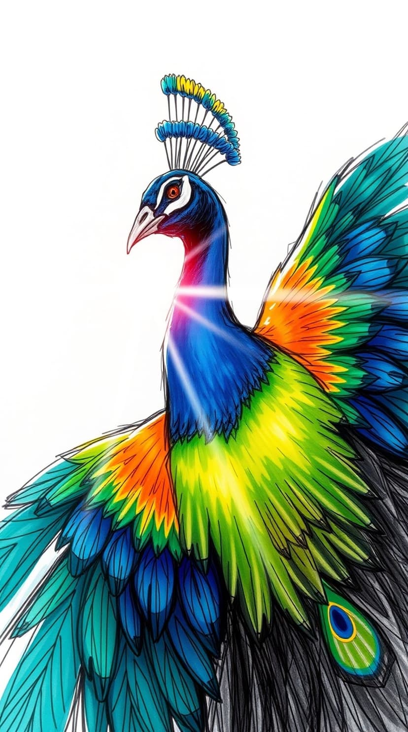 Peacock with rainbow-colored feathers and a glowing neck spreads its wings in a close-up portrait view.