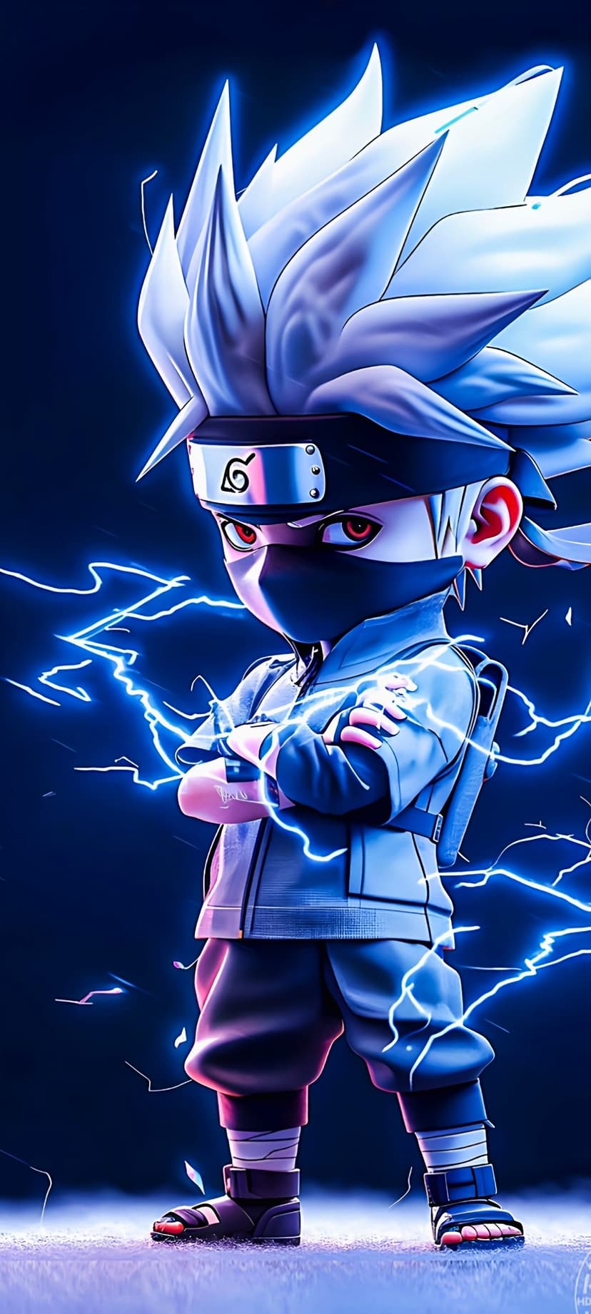 Chibi Kakashi Hatake crosses his arms while surrounded by intense blue lightning against a dark background.