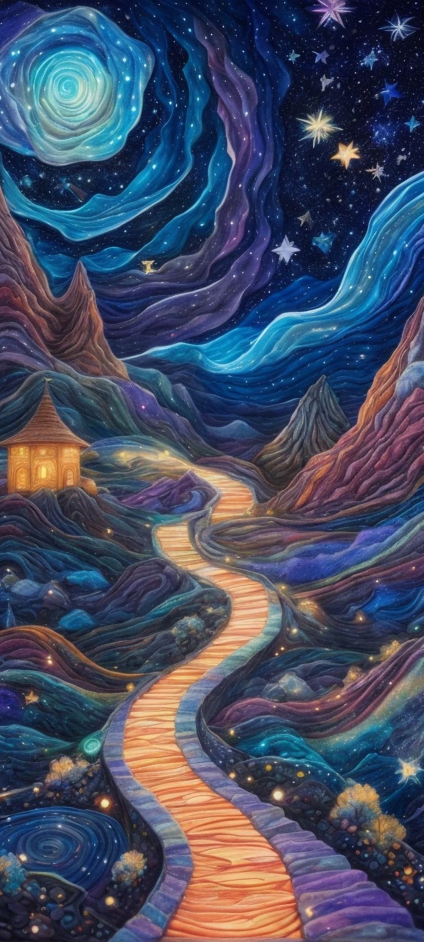 A cozy house sits on a hill beside a glowing orange path under a purple nebula and starry night sky in a valley.