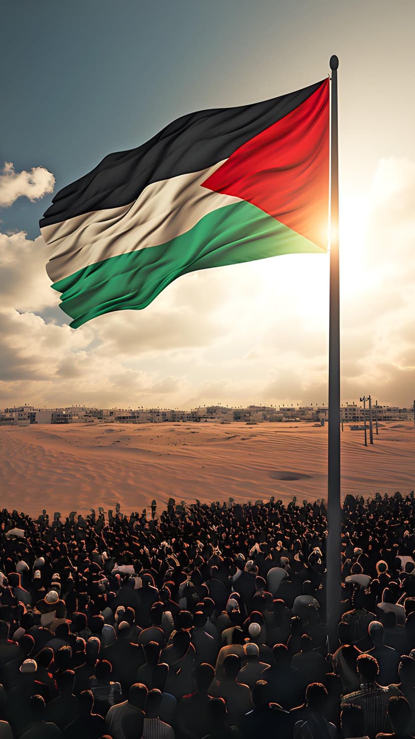 Palestinian flag ripples above a silhouetted crowd in a desert during a vibrant orange and red sunset.