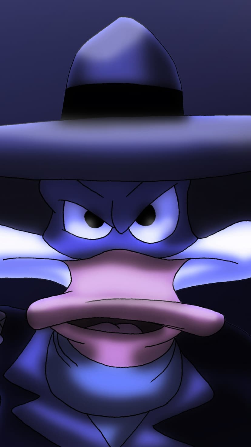 Darkwing Duck shows a determined expression with sharp eyes and a yellow beak under a wide-brimmed purple hat.