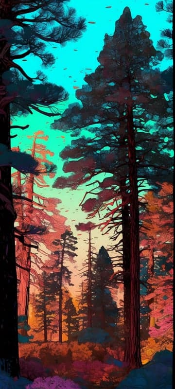Vibrant Forest Landscape at Sunset with Turquoise Sky