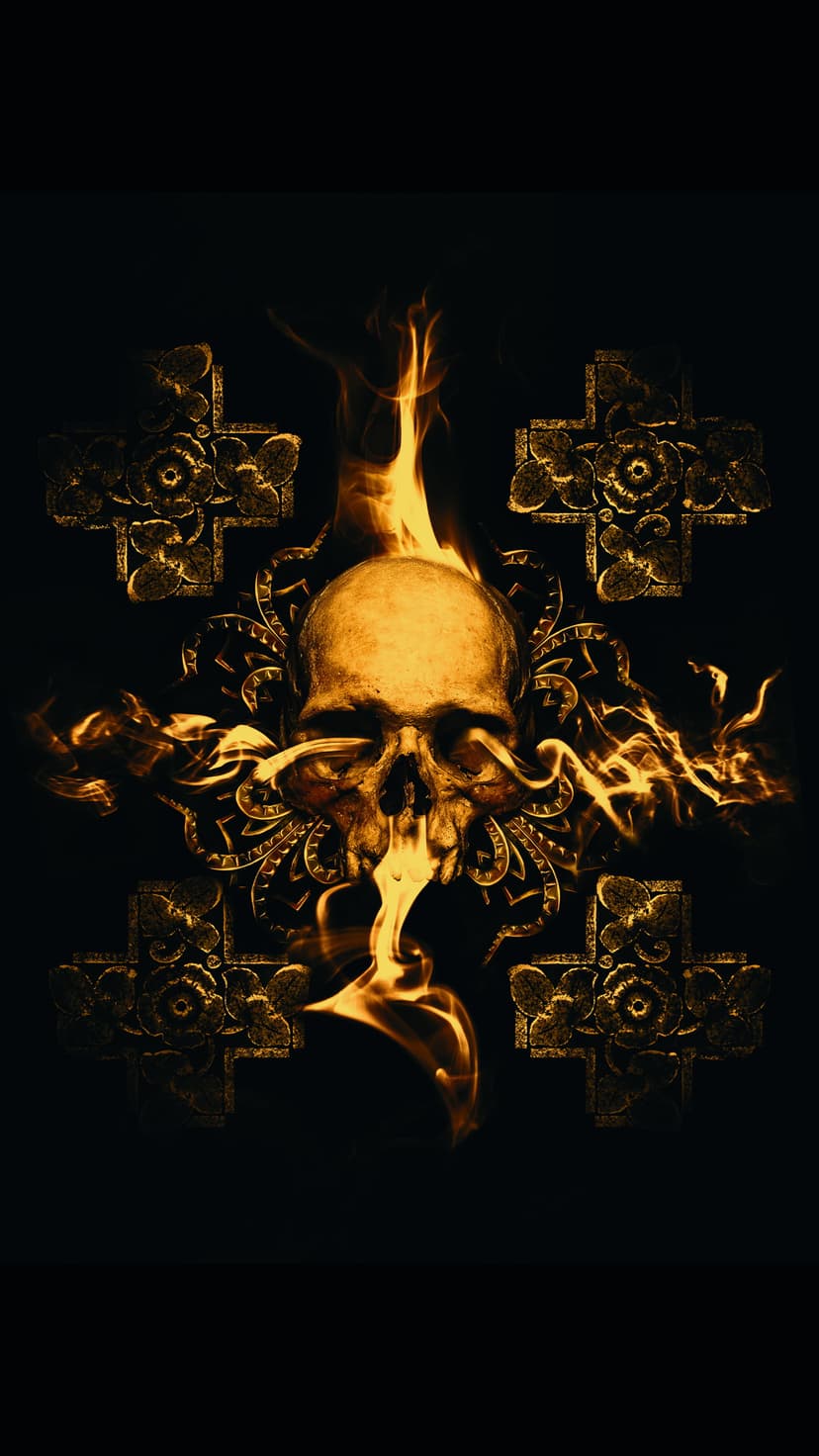 Flaming skull centered between ornate golden crucifixes and intricate filigree patterns on a dark background.