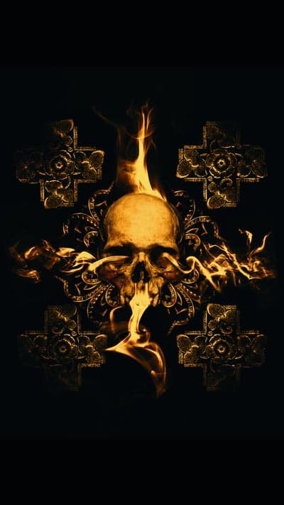 Gothic Burning Skull with Ornate Gold Crosses Wallpaper
