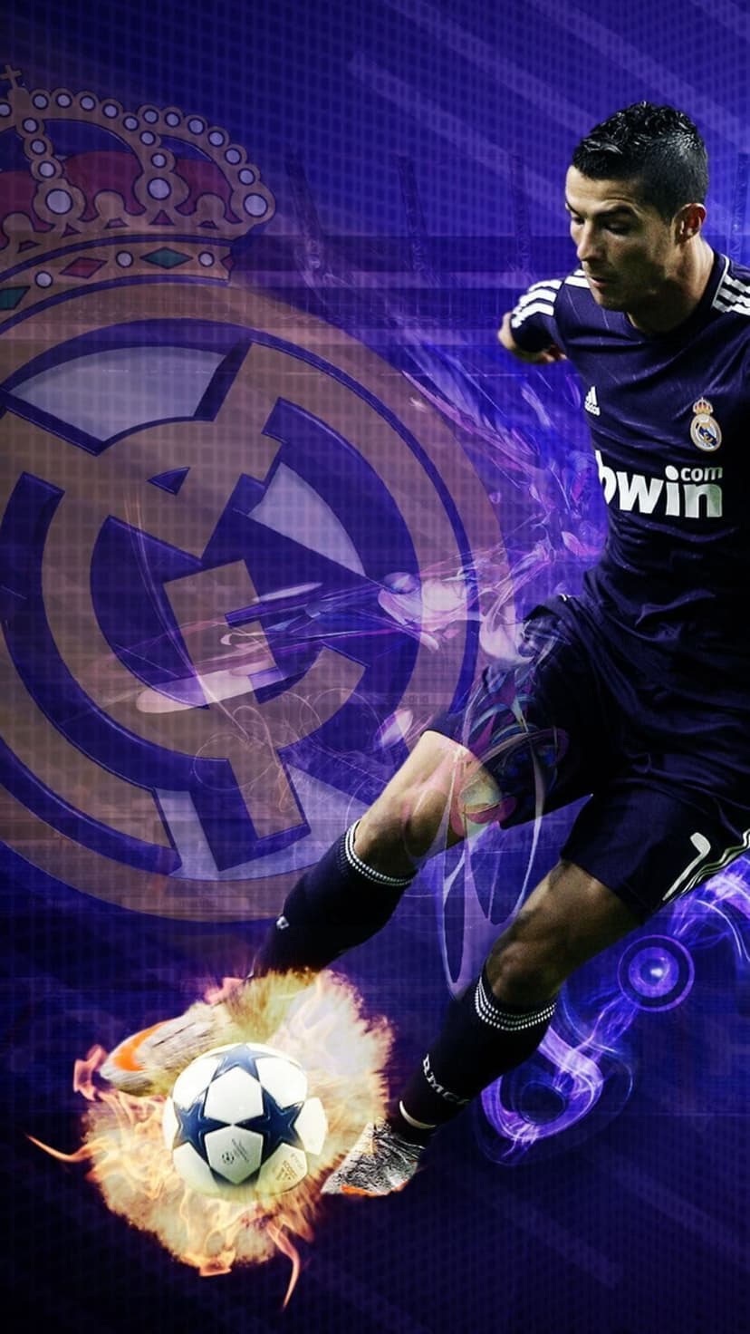 Cristiano Ronaldo kicks a flaming soccer ball over a purple grid background with the Real Madrid crest.
