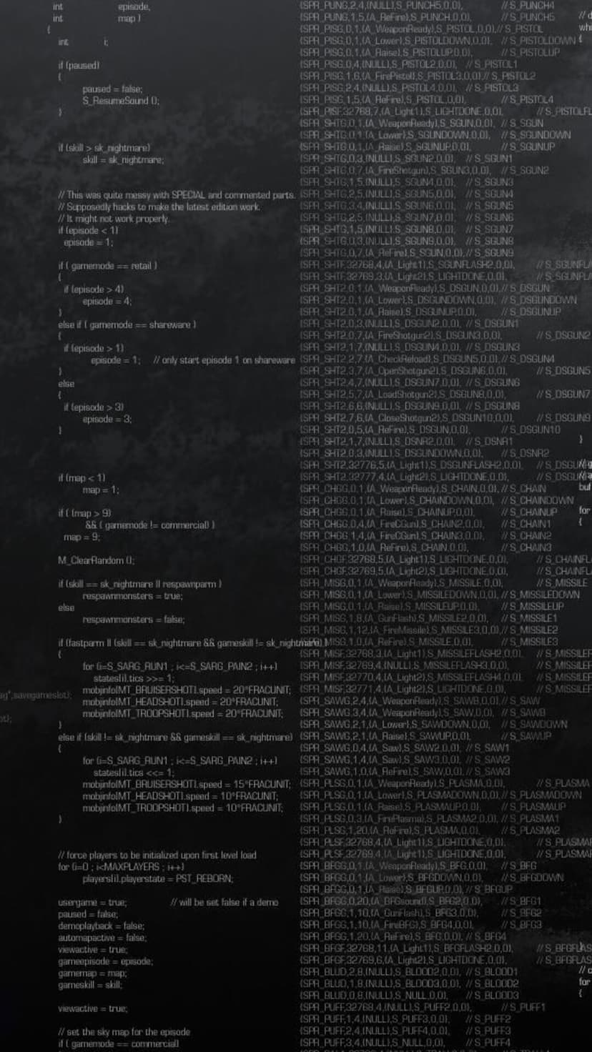 White and blue programming code lines and syntax symbols arranged vertically against a dark, textured background.