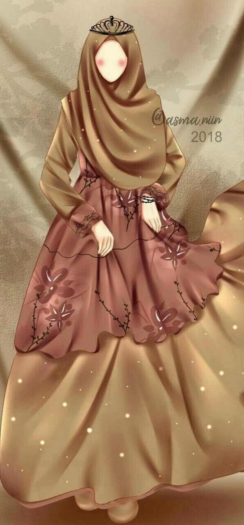 Woman in a golden hijab and floral crown wears a rose-colored tiered skirt with botanical vine patterns.