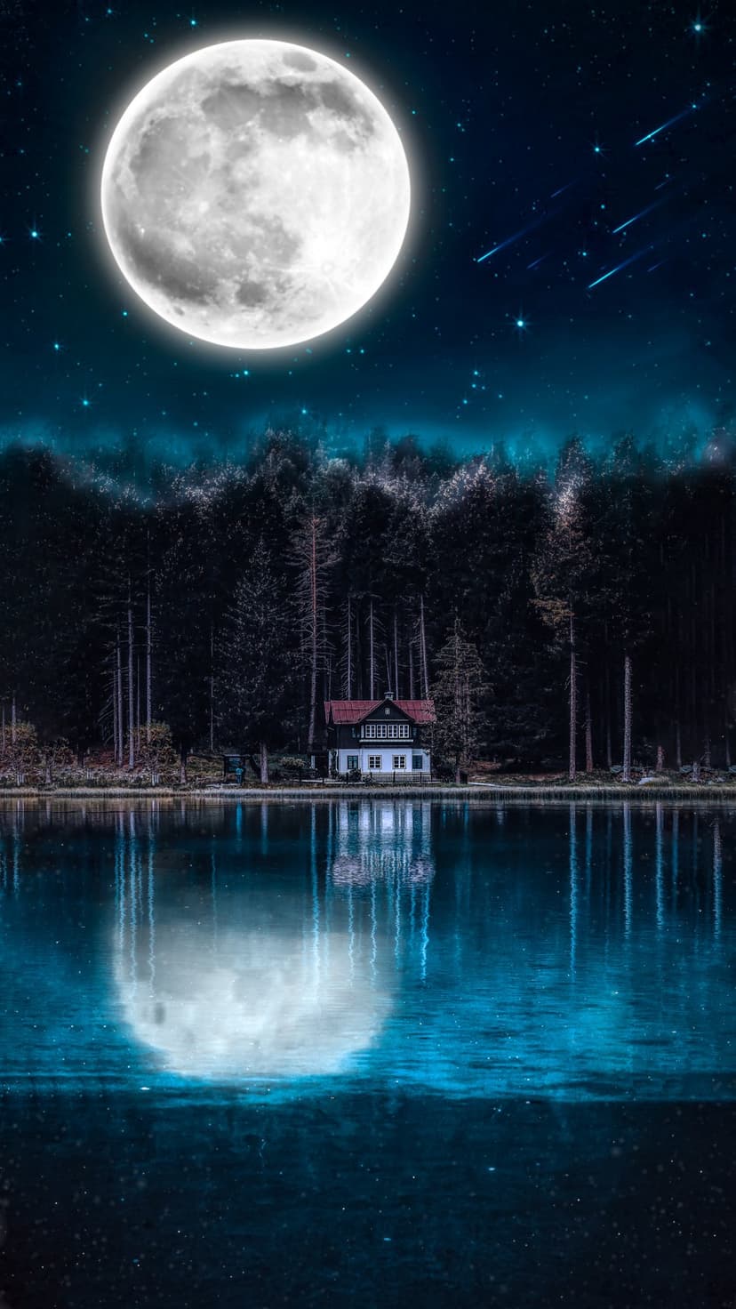 Solitary cabin by a reflective lake under a full moon and shooting stars within a dark evergreen forest.