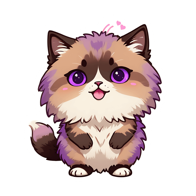 Chibi kitten sticker illustration features large purple eyes, fluffy brown fur, and floating pink hearts.