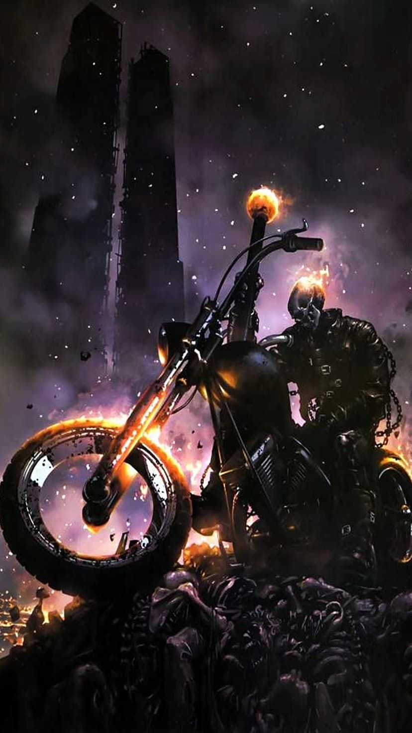 Ghost Rider with a flaming skull sits on a burning motorcycle amidst a dark cityscape with purple highlights.