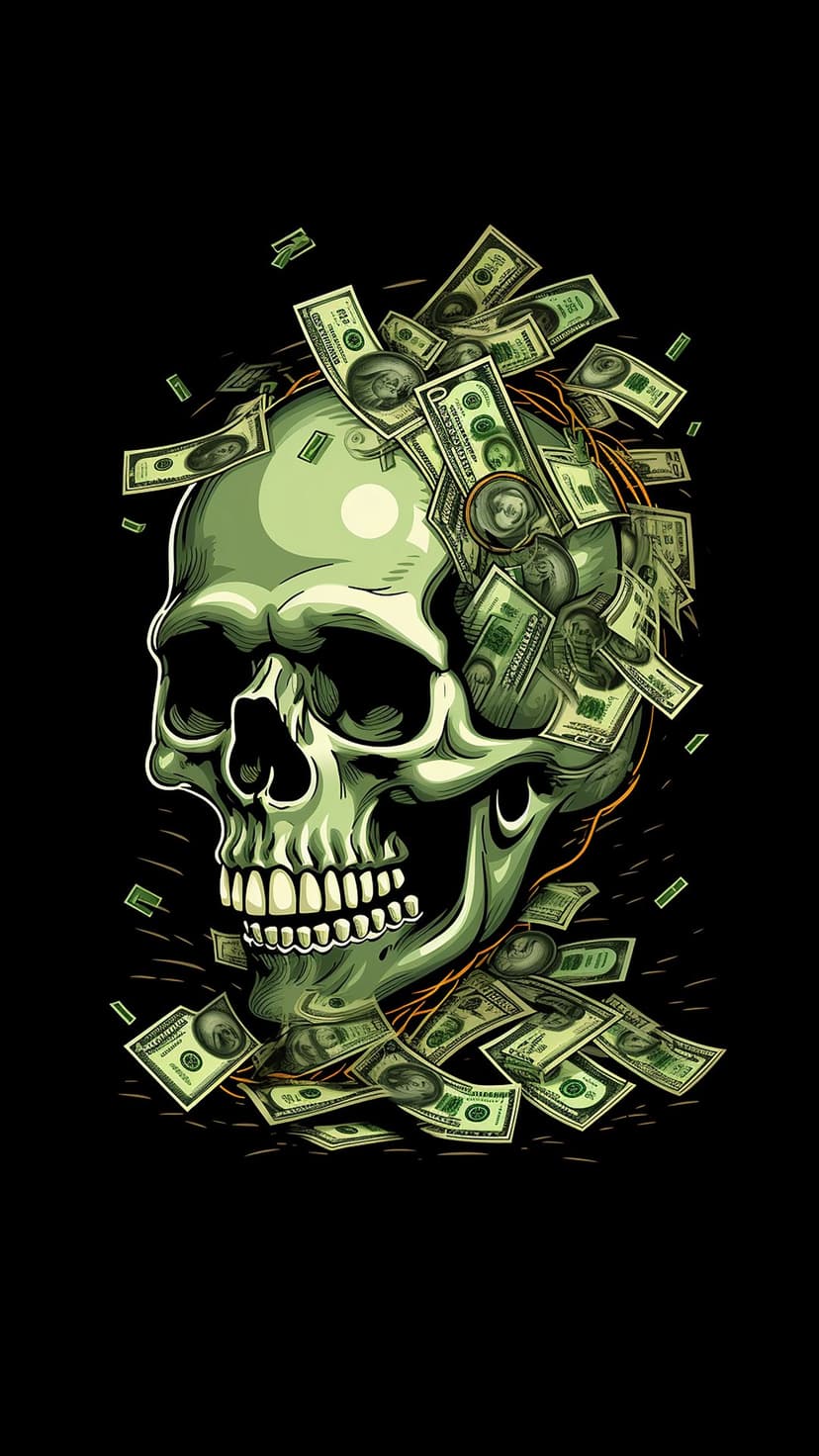 Human skull filled with green US dollar bills that float and scatter against a solid black background.