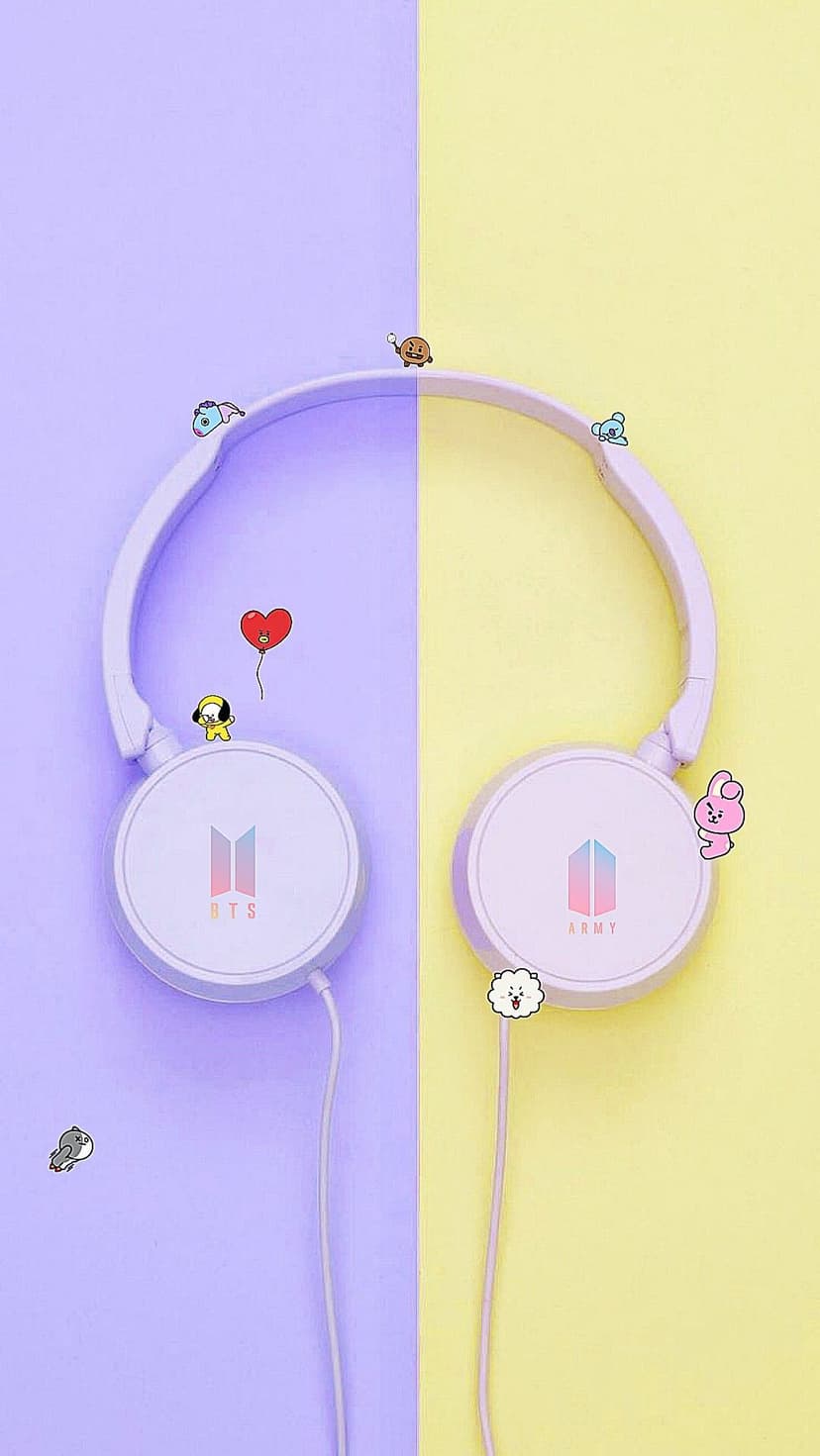 Lavender headphones with BTS and ARMY logos surrounded by tiny cartoon characters on a purple and yellow background.