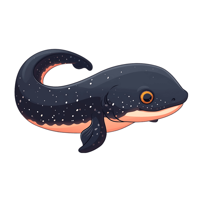Narwhal vector with navy blue starry pattern body, orange eye, and peach underside in a profile view pose.