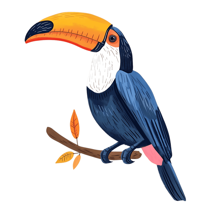 Toucan bird illustration with a large yellow beak and blue feathers perched on a branch with orange leaves.