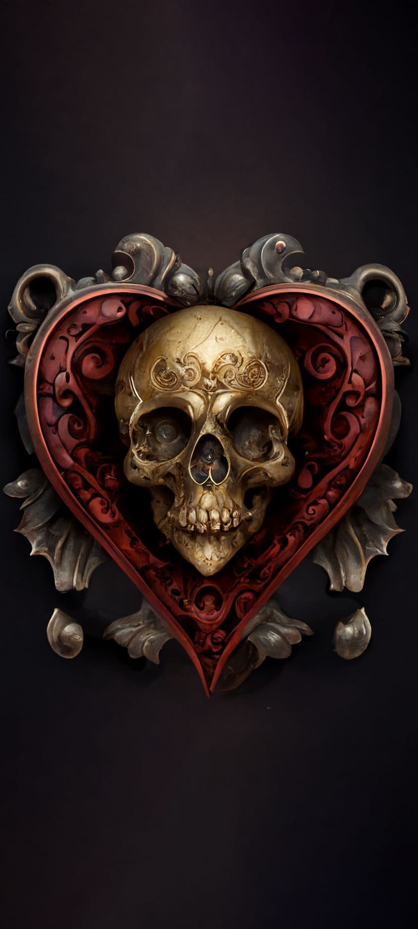 Golden skull centered inside a red filigree heart frame with intricate baroque scrollwork and deep shadows.