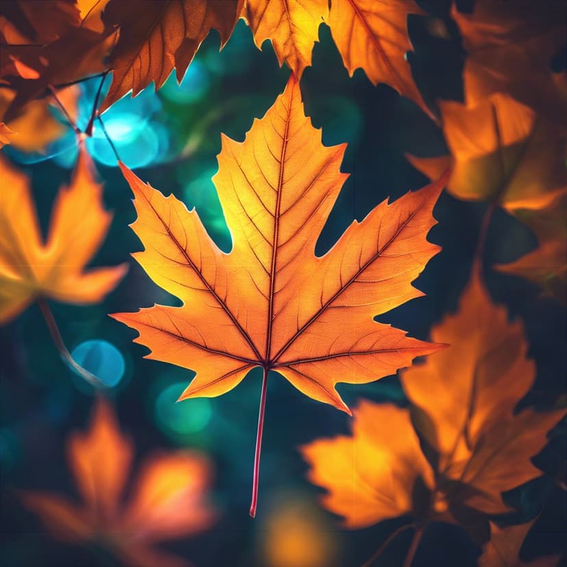 Orange maple leaf with glowing veins rests against a background of soft green and blue bokeh light circles.