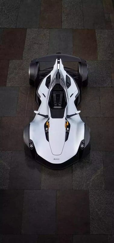 Top-down view of a sleek white BAC Mono sports car