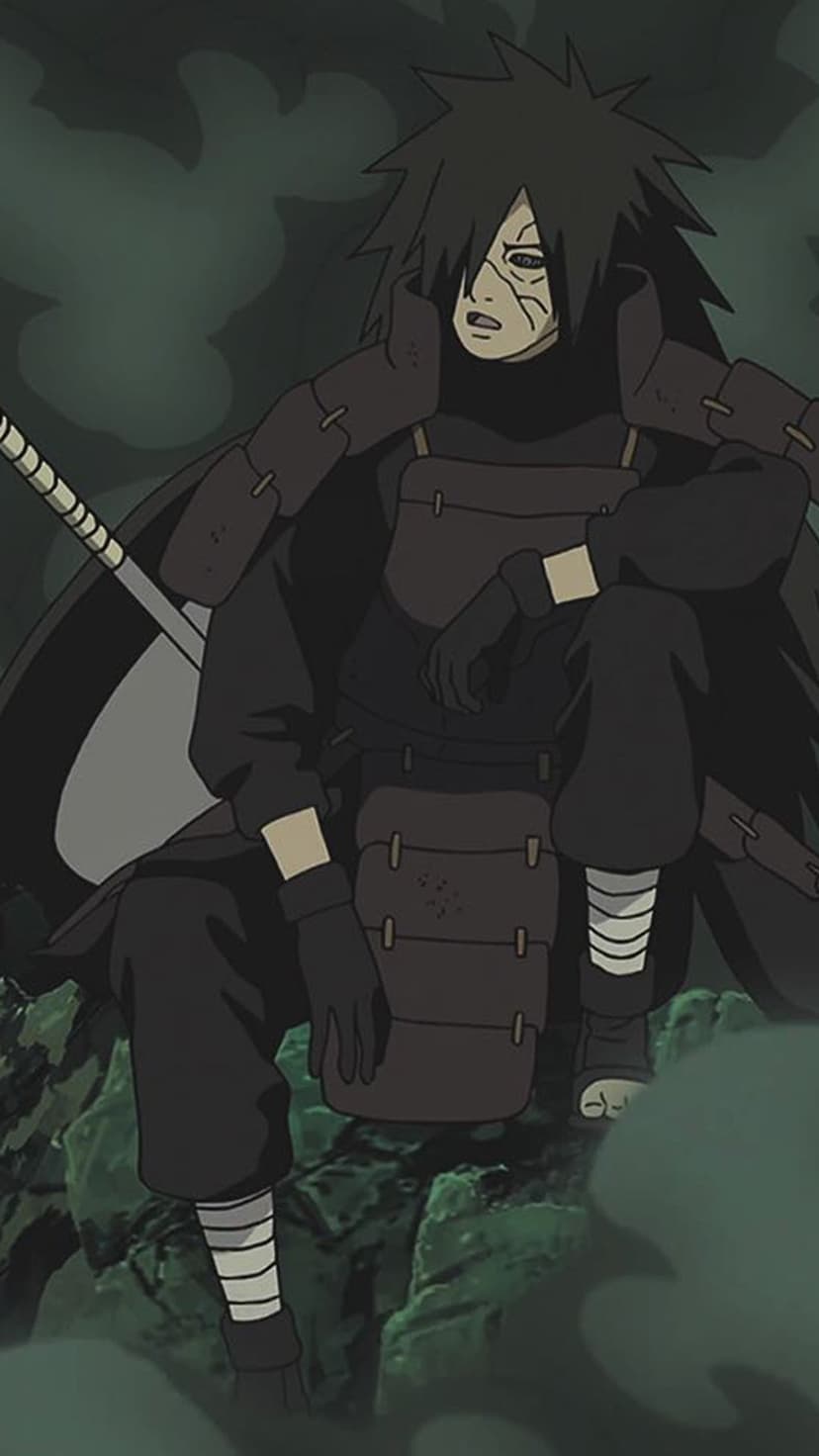 Madara Uchiha sits on rocks in dark armor with facial scars, a sword at his side, surrounded by swirling mist.