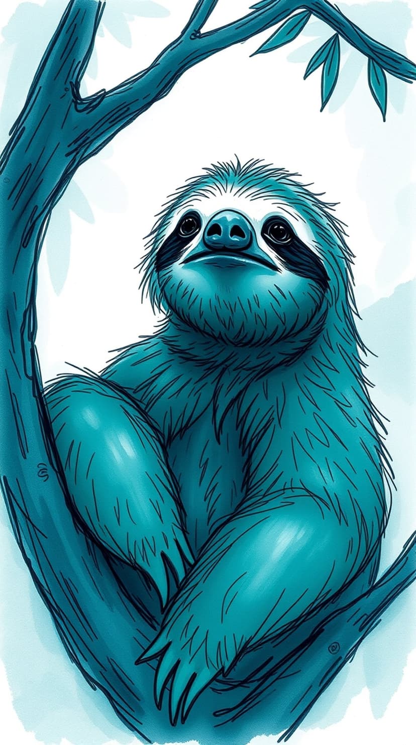 Blue sloth with fuzzy fur hanging from a textured tree branch against a white background in a sketch style.