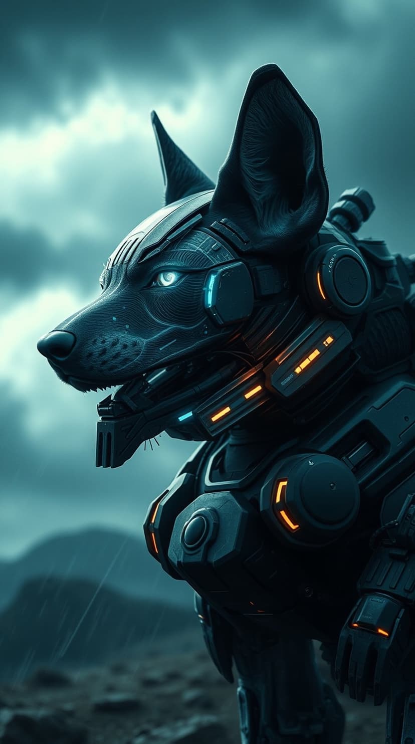 Armored robotic dog with glowing blue eyes stands in a rainy mountain landscape amidst heavy atmospheric mist.