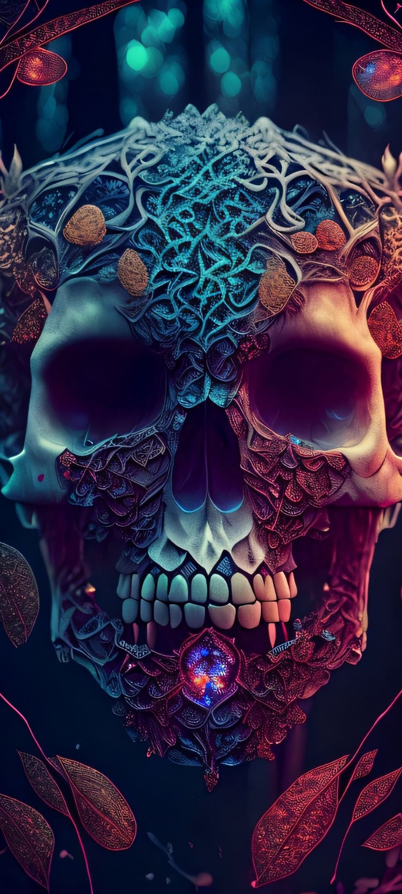 Ornate skull entwined with glowing cyan and magenta flowers and luminous vines against a dark black background.