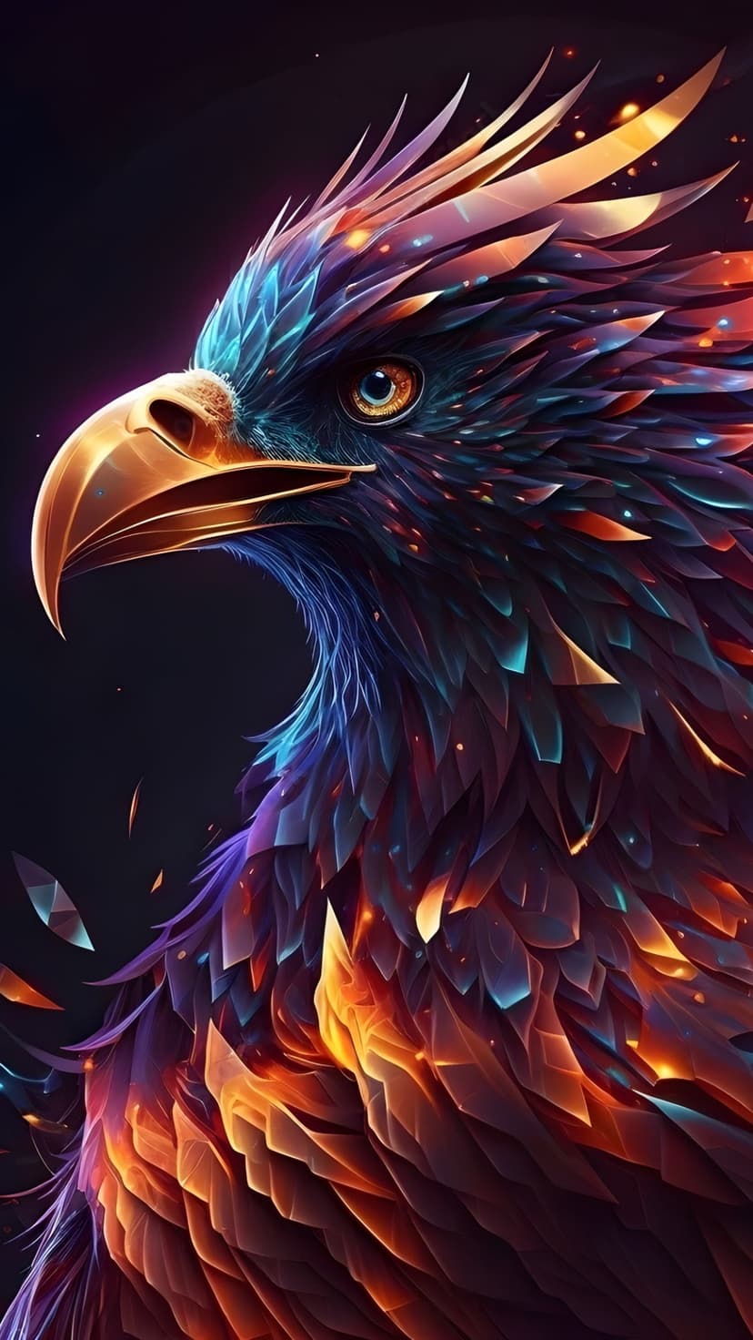 Phoenix eagle with glowing orange and purple feathers, a sharp golden beak, and a piercing yellow eye.