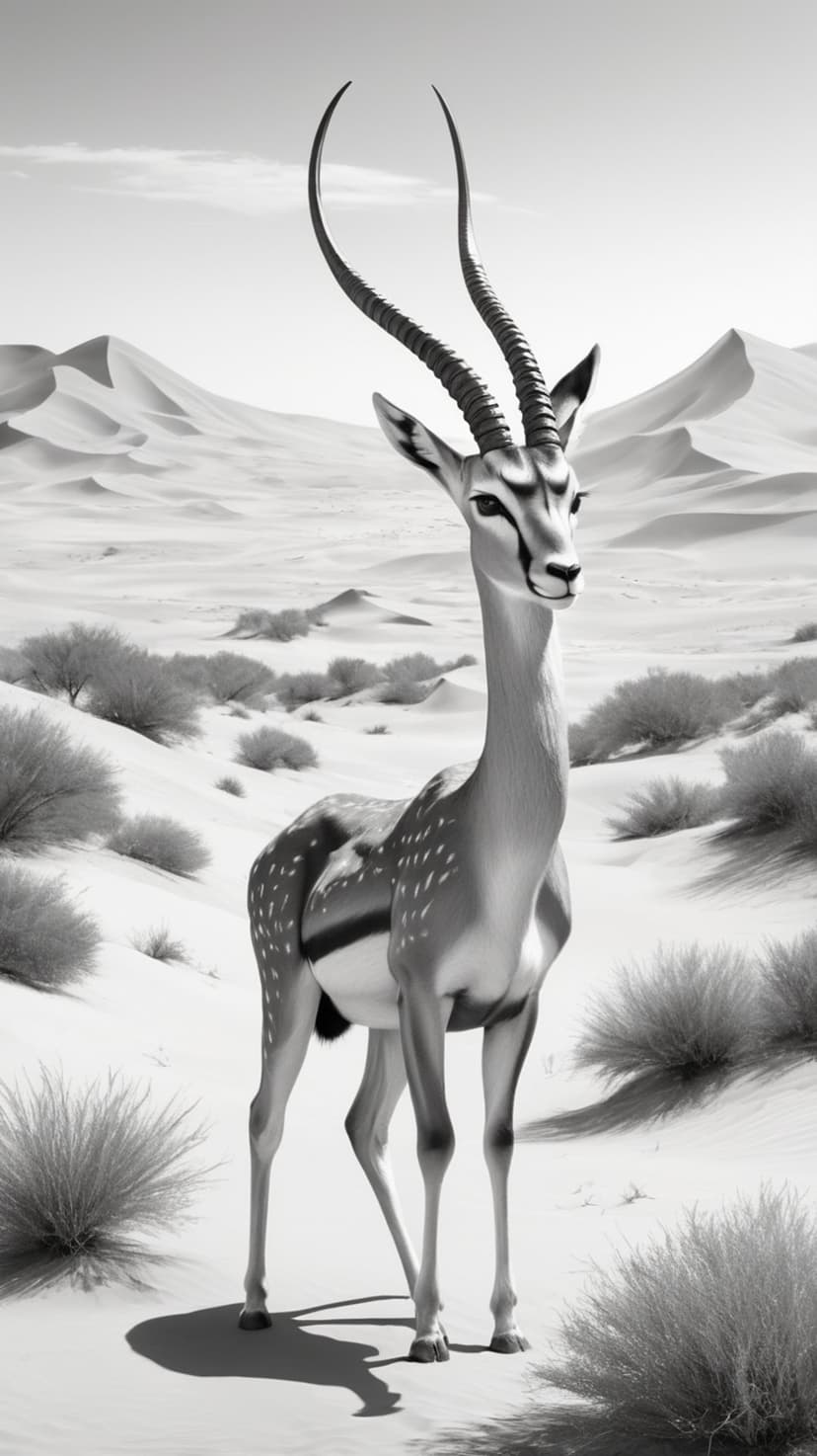 Gazelle with long spiraling horns stands on sandy dunes in a monochrome landscape under a bright desert sun.