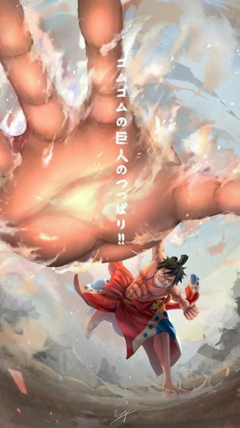 Monkey D. Luffy faces a towering skinless titan amidst swirling storm clouds in a dynamic battle pose.