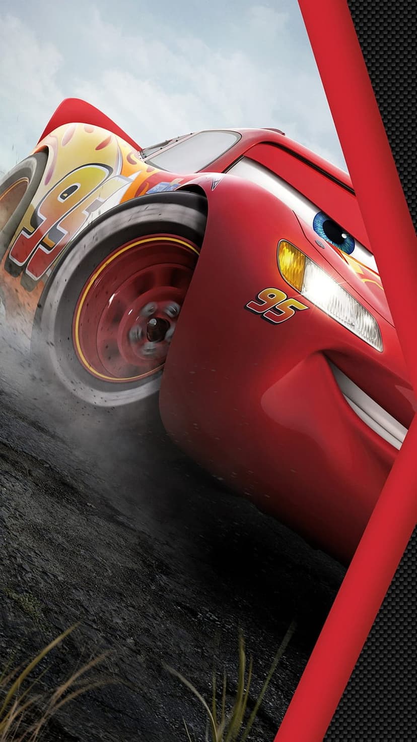 Lightning McQueen racing on a dirt track with flames and dust clouds around the number 95 on his red body.