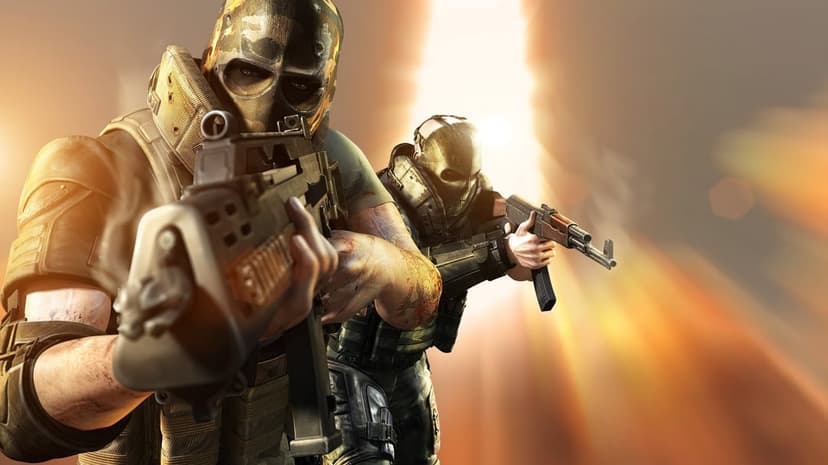 Masked soldiers in tactical gear holding rifles against a bright, glowing orange and gold light source.