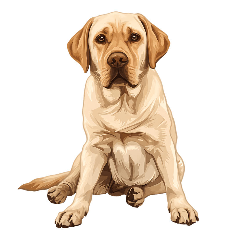Labrador Retriever sitting upright on a black background featuring detailed yellow fur and attentive eyes.