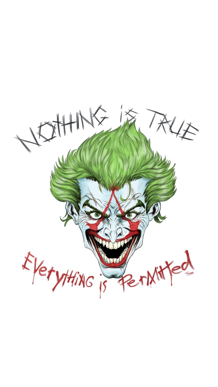 Joker with bright green hair and a menacing smile is framed by handwritten nihilistic quotes in white ink.