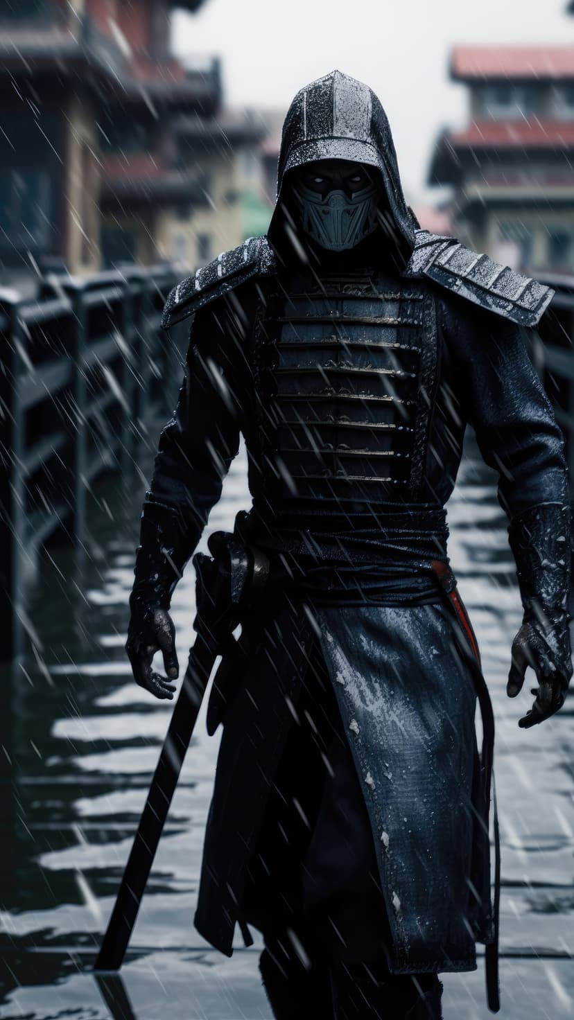 Hooded ninja warrior stands on a bridge in heavy rain wearing dark armor and a mask during a stormy night.