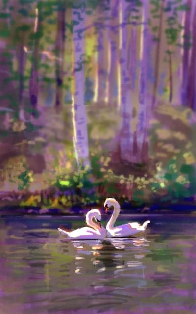Two Swans in a Dreamy Forest Lake