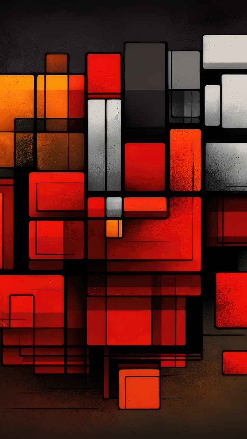 Overlapping red and orange squares and rectangles on a dark textured background with sharp architectural lines.