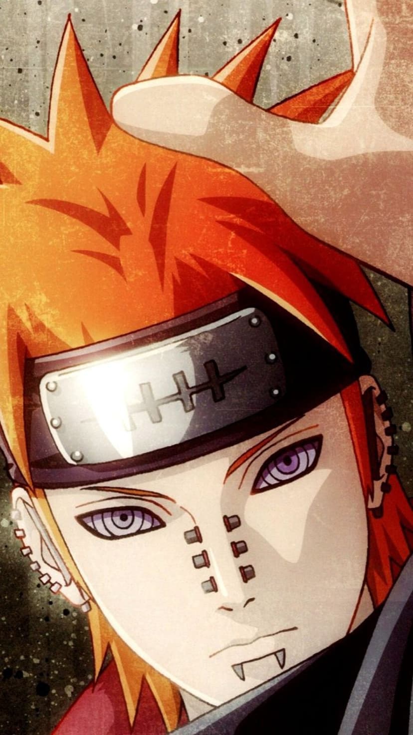 Pain showing purple Rinnegan eyes, orange spiky hair, and black facial piercings against a dark grunge background.