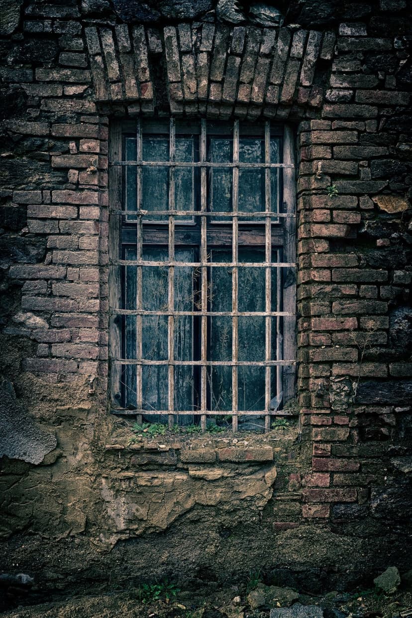 Rusty metal bars cover a dark window embedded in a decaying red brick wall with creeping green vines at the base.