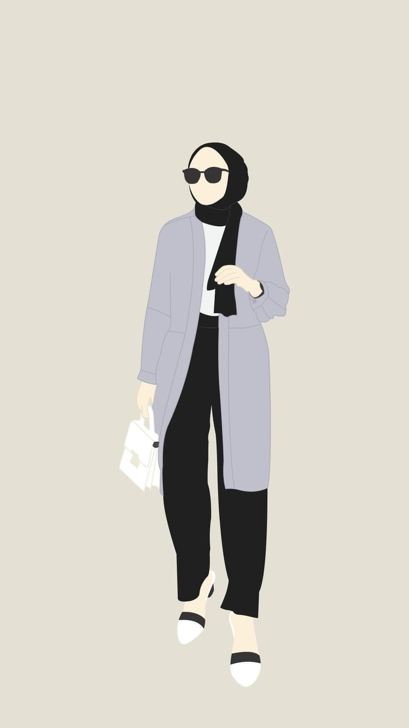 Muslim woman wearing a black hijab, sunglasses, grey long cardigan, and trousers holding a small white handbag.