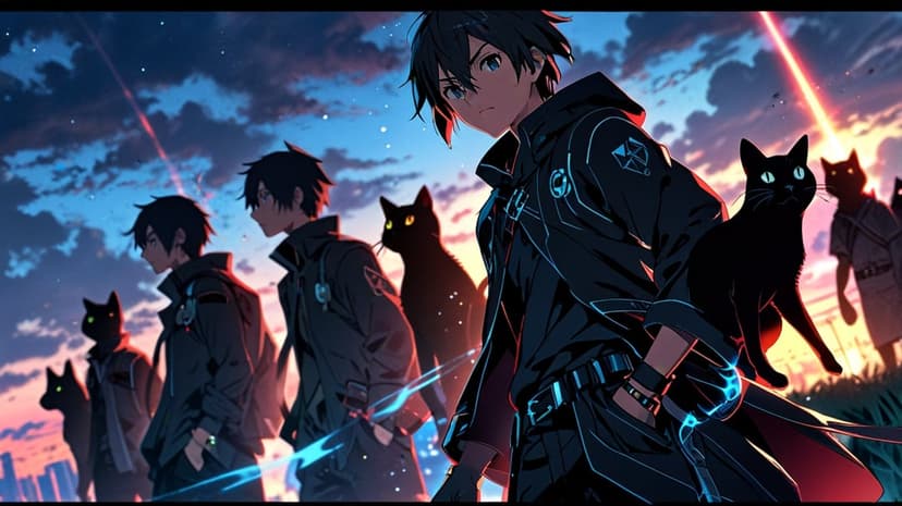 Young men in dark coats walk with black cats as a red beam cuts through a cloudy orange sunset sky.