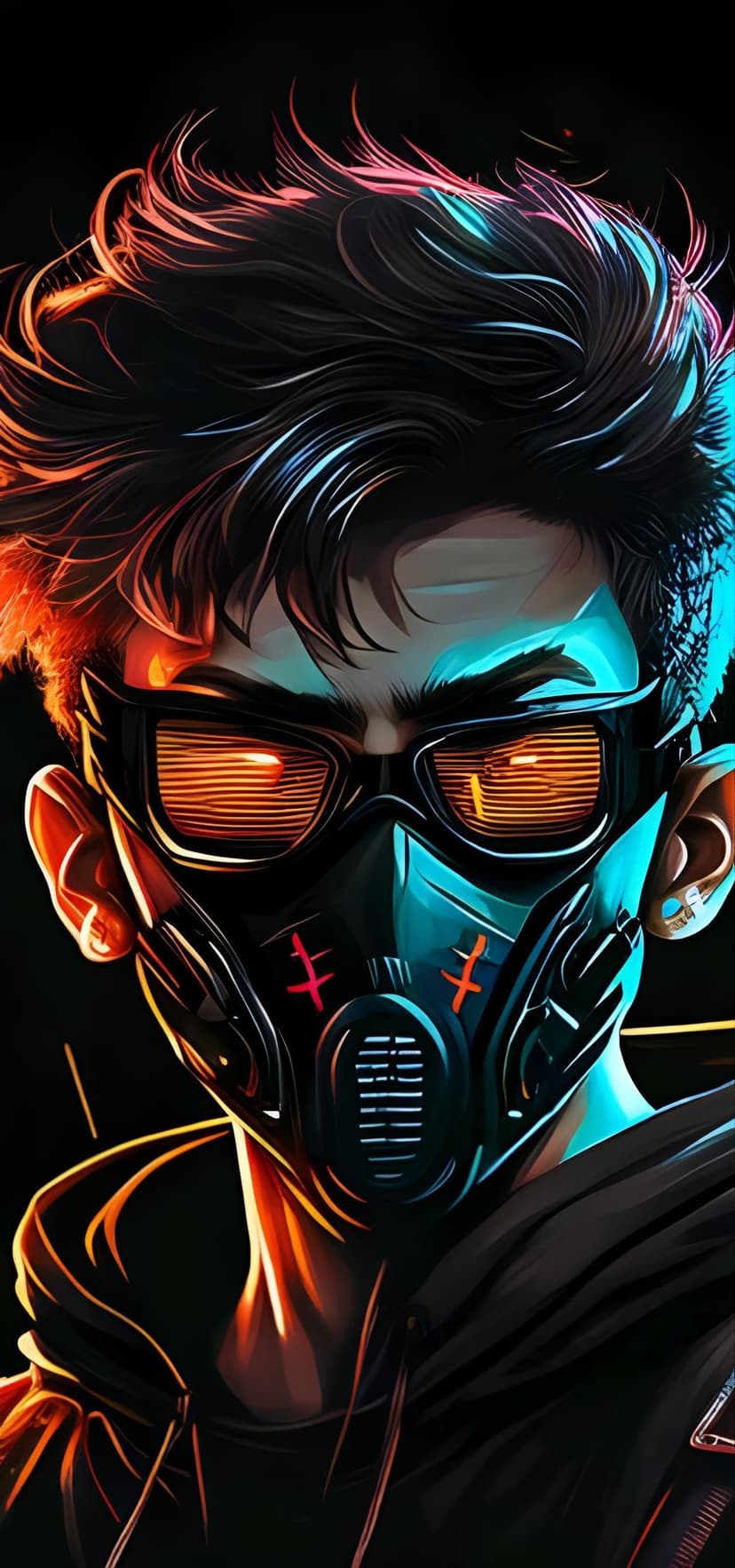 Cyberpunk character wears a glowing red mask and dark hoodie under vibrant blue and orange neon rim lighting.