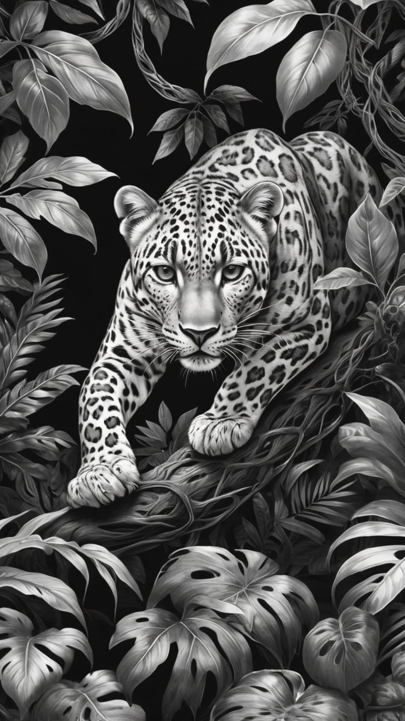 Leopard with spotted fur crouches on a thick branch amidst large tropical leaves in high-contrast monochrome.
