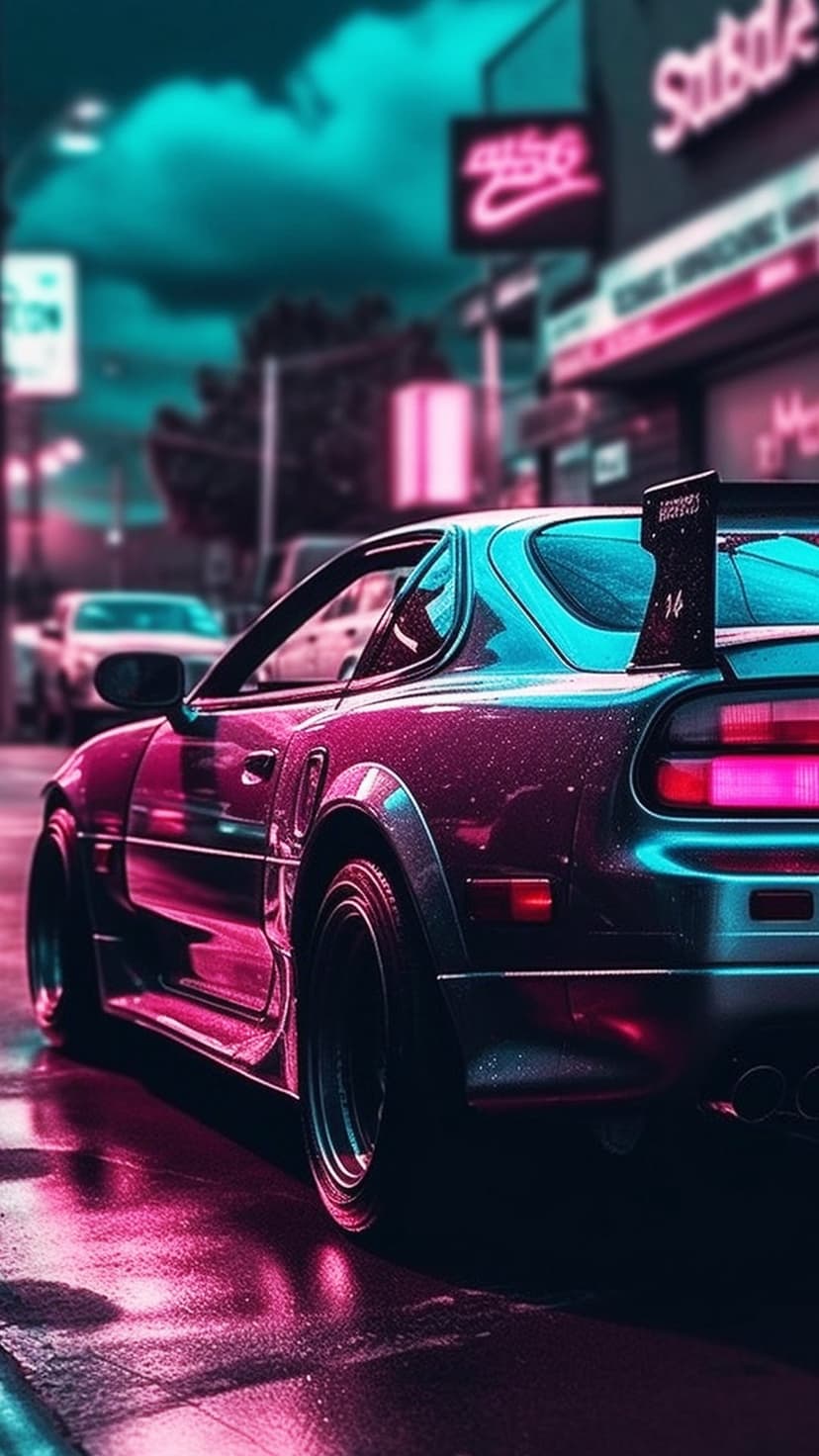 Modified sports car with pink neon underglow on a wet street featuring reflections of city lights at night.
