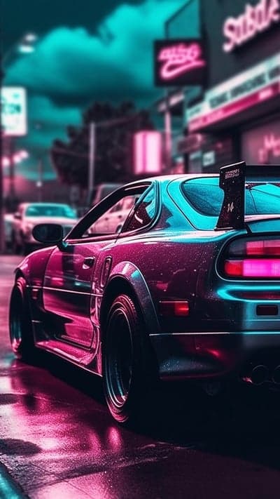 Neon Cyberpunk Car on Wet Street at Night