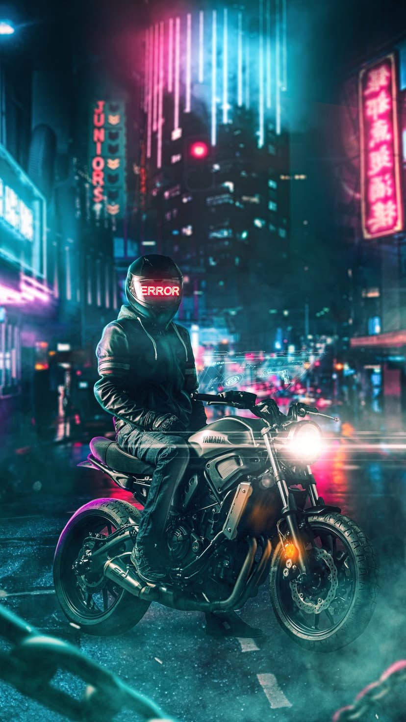 Biker with an ERROR message on a glowing helmet visor standing in a rainy neon city at night during a rainstorm.