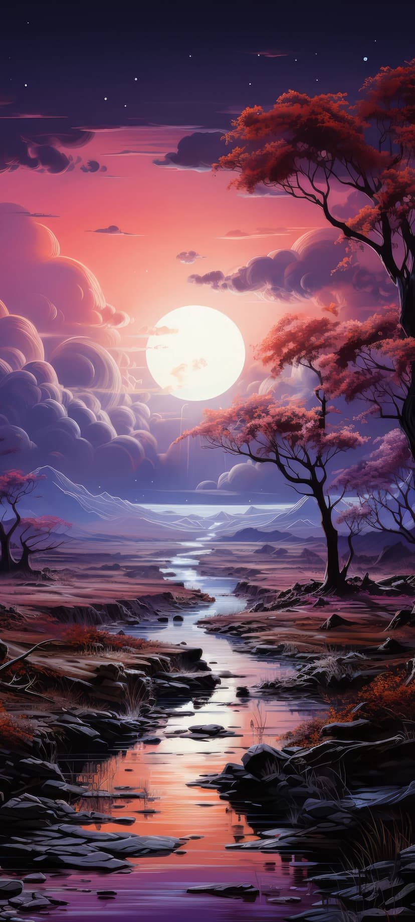 Glowing moon reflects in a winding river framed by pink cherry blossoms and silhouetted trees at twilight.