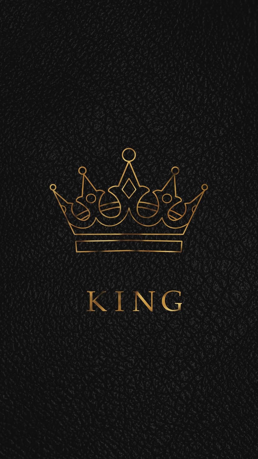 Ornate golden crown with king lettering centered on a dark textured leather background with subtle shadows.