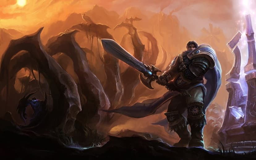 Armored knight holding a glowing sword in a desert landscape with giant bones and a mystical light portal.