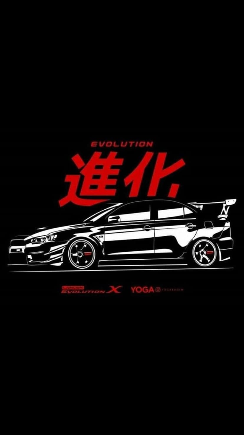 Mitsubishi Lancer Evolution X with a large rear spoiler under red Japanese text on a black background.