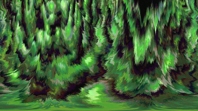Vertical strokes of neon green and dark purple mimic a dense forest of mysterious glowing trees and foliage.