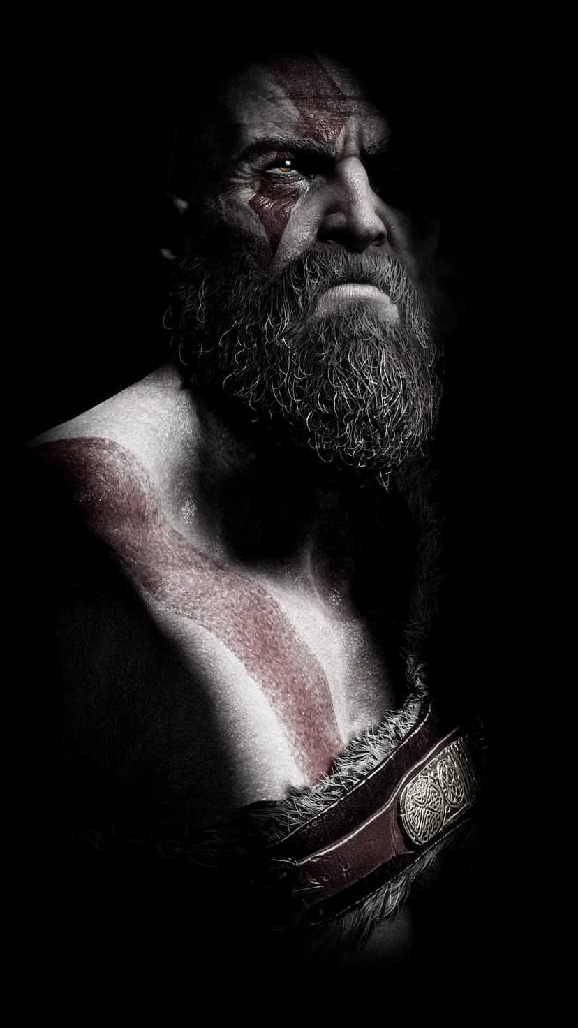 Kratos with a gray beard and red tattoo stares intensely against a black background in cinematic lighting.